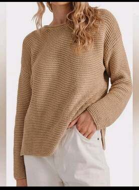 Shxt That I Knit STIK Scotia Boat Neck Pima Cotton Tan Sweater Large Peru Chunky